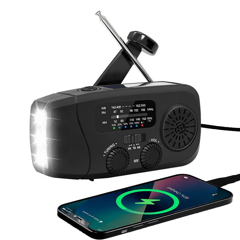 راديو FM/AM/WB محمول قابل لإعادة الشحن، كرنك راديو الطوارئ بالطاقة الشمسية، جهاز استقبال راديو FM NOAA للسفر في الهواء الطلق مع مصباح LED SOS