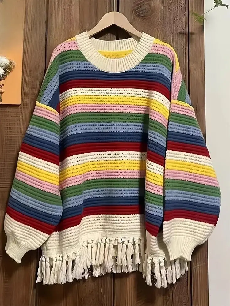 Rainbow striped long sleeved knitted sweater autumn 024 new autumn and winter loose Korean version slimming tassel sweater