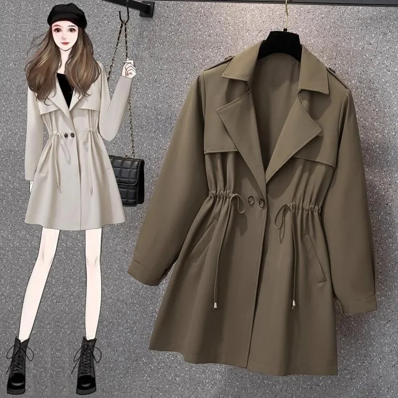 

Fashionable Thin Windbreaker For Women New 2024 Spring Autumn Outerwear Female Mid Length Drawstring Korean Casual Coat Top