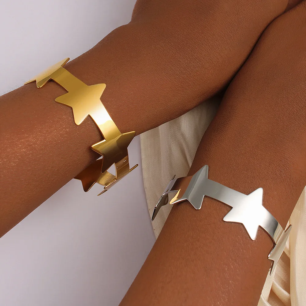 

DIY accessories European and American opening pentagram fine polished plated 18K gold bracelet stainless steel small design star