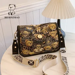 Beibaobao Little Bear One Shoulder Crossbody Bag Female Small Square Bag Vintage Fashion Casual Canvas Bags for Women Trend 2024