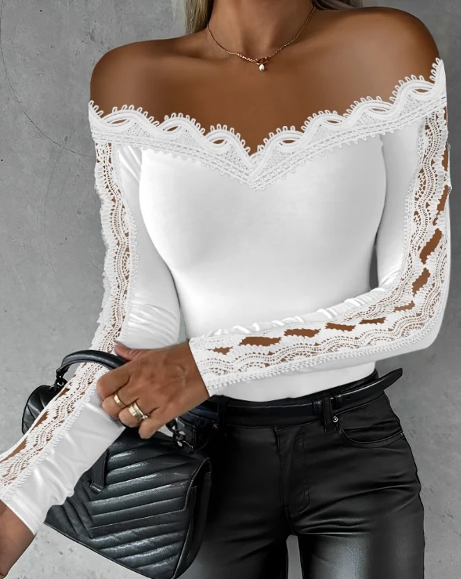 

New Casual Elegant Blouse 2023 Autumn Daily Temperament Commuting Slimming Fit Off Shoulder Hollow Out Lace Sexy Tops for Women