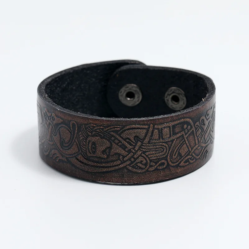 Vintage Genuine Leather Emboss Ancient Egyptian Totems Bracelet Men Wide Retro Simple Cuff Bracele