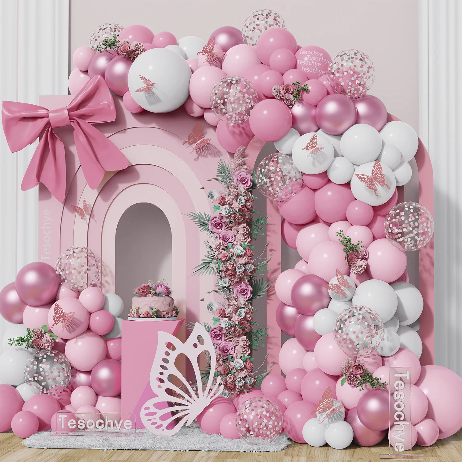 

152Pcs Pastel Light Pink White Metallic Pink Balloons Arch With Butterfly Stickers for Baby In Bloom Baby Shower Birthday Decor