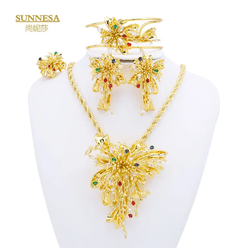 SUNNESA Luxury Colored Zircon Jewelry Set Gorgeous Flower African Necklace 18k Gold Plated Earrings Charm Bracelet for Wedding