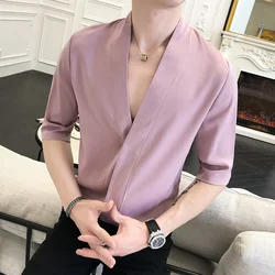 2020 Summer Korean Chinese Style Print Shirt Man Long Sleeve V-collar Camisa Masculina Shirts Camisa Homem Camisas Para Hombre