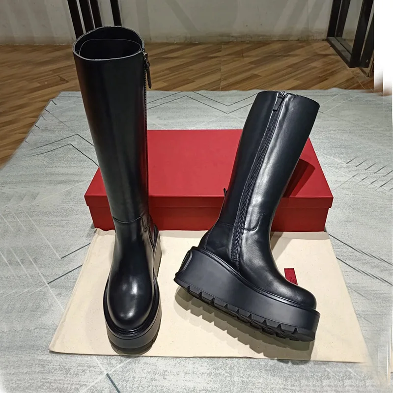 Gothic style platform boots niche super high heel long tube slim side zipper knight boots