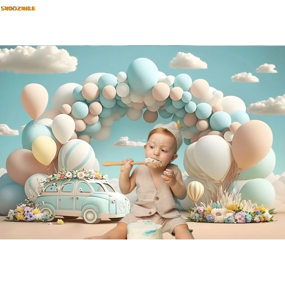 Baby Shower latar belakang ulang tahun pertama fotografi awan balon pesta dekorasi meja foto bayi fotografi kue latar belakang Smash