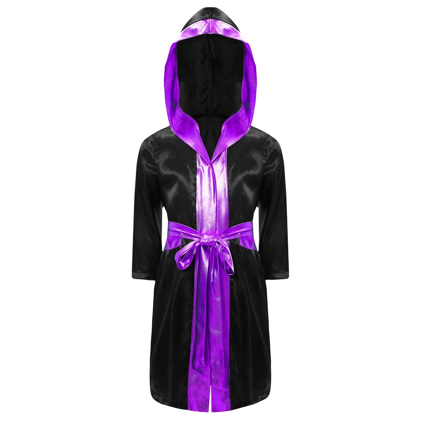 Children Boys Boxing Robe Long Sleeve Metallic Satin Cardigan Hooded Cloak with Belt Halloween Theme Party Boxer Cosplay Costume