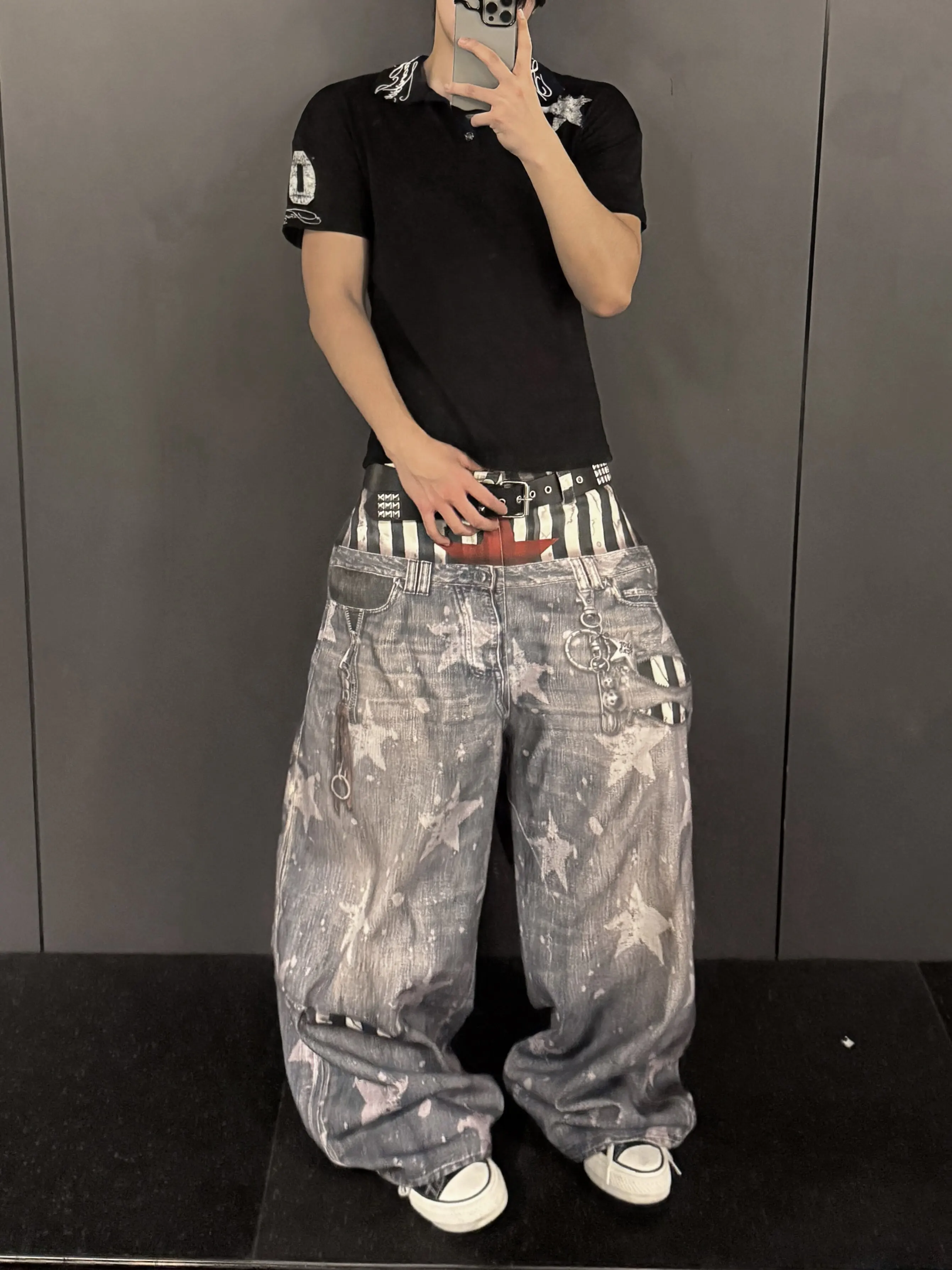 Calças Jeans Estampadas em 3D Estilo Americano Retrô com Estrelas, Perna Larga e Solta, Cintura Dupla, Estilo Vintage Casual para Homens e Mulheres
