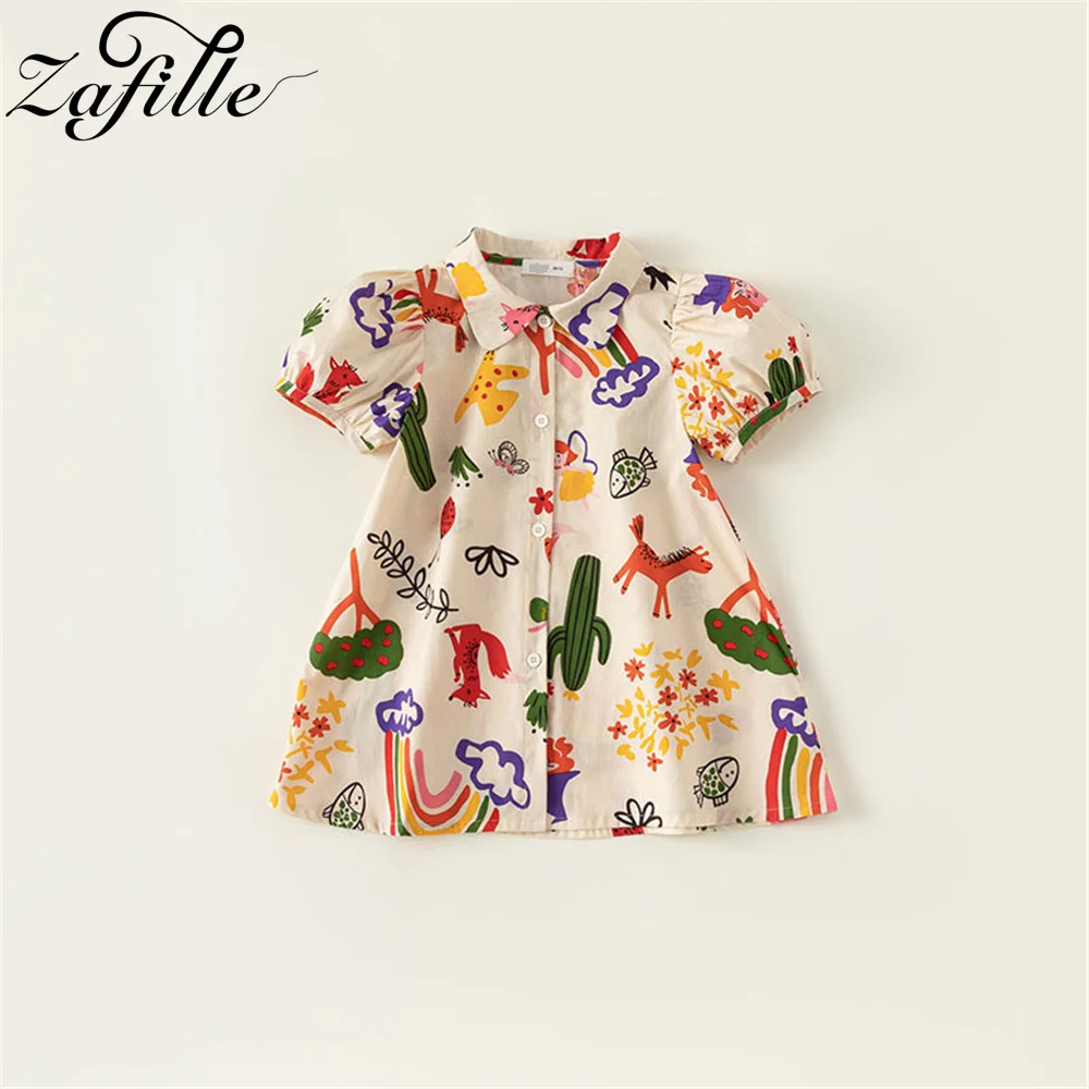 ZAFILLE Animals Cartoon Dress For Kids Girls Summer Baby Clothes Forest Printed Toddler Girls Shirt Dresses Cute Children Outfit