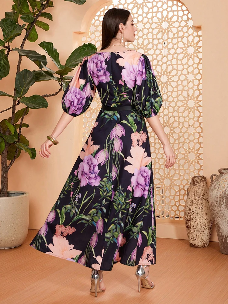TOLEEN Damen bodenlange Kleider, modisches Druckkleid, Boho-Stil, V-Ausschnitt, Laternenärmel, Herbst-Partykleid, Brautjungfernkleid