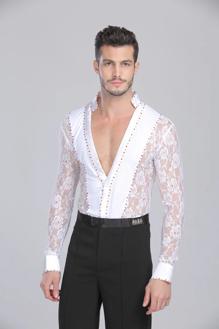 Camisas masculinas de renda de dança latina, vestuário preto e branco, Waltz Ballroom Top, Performance