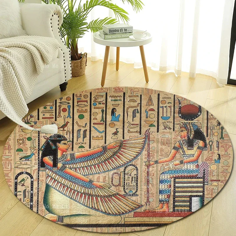 Desert Castle Maps And Ancient Egyptian Art On Papyrus Round Mat Non Slip Flannel Floor Rugs