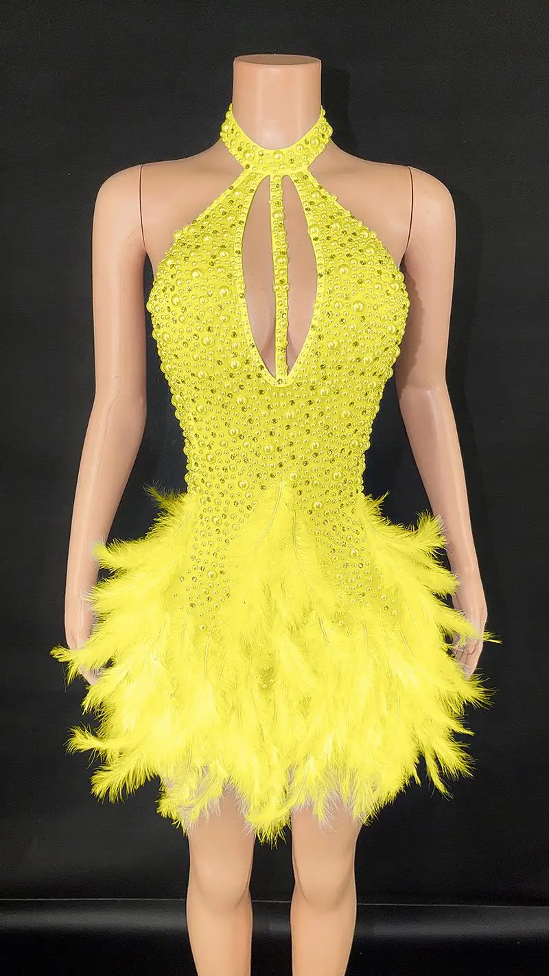 2025 New Arrival Backless Hollow Sexy Pearl Ball Gown Elegant Evening Performance Dress with Feathers-GZMM207