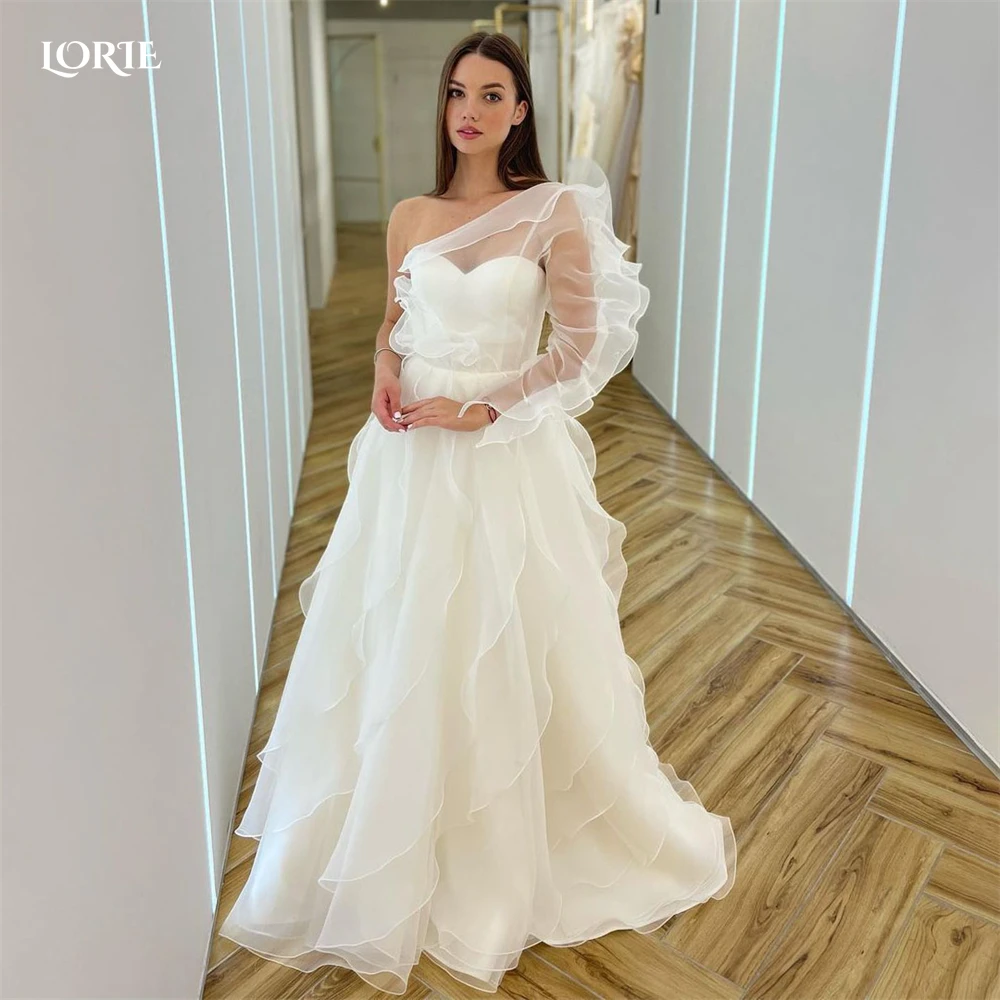 

LORIE Ruched Ruffles Wedding Dresses One Shoulder A-Line Sweetheart Solid White Bridal Gowns Princess Fashion Tiered Bride Gown