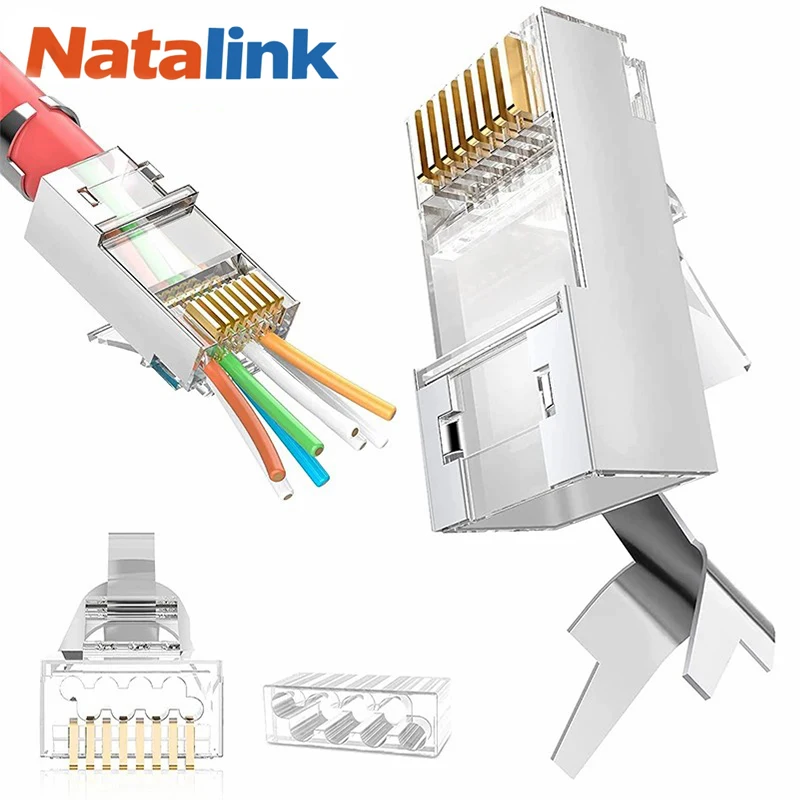 Natalink Shielded RJ45 Cat6A Cat7 Pass Through connectors - 3 Prong 8P8C 50U Gold Plated 2-Piece Pass Through Modular Data Plug