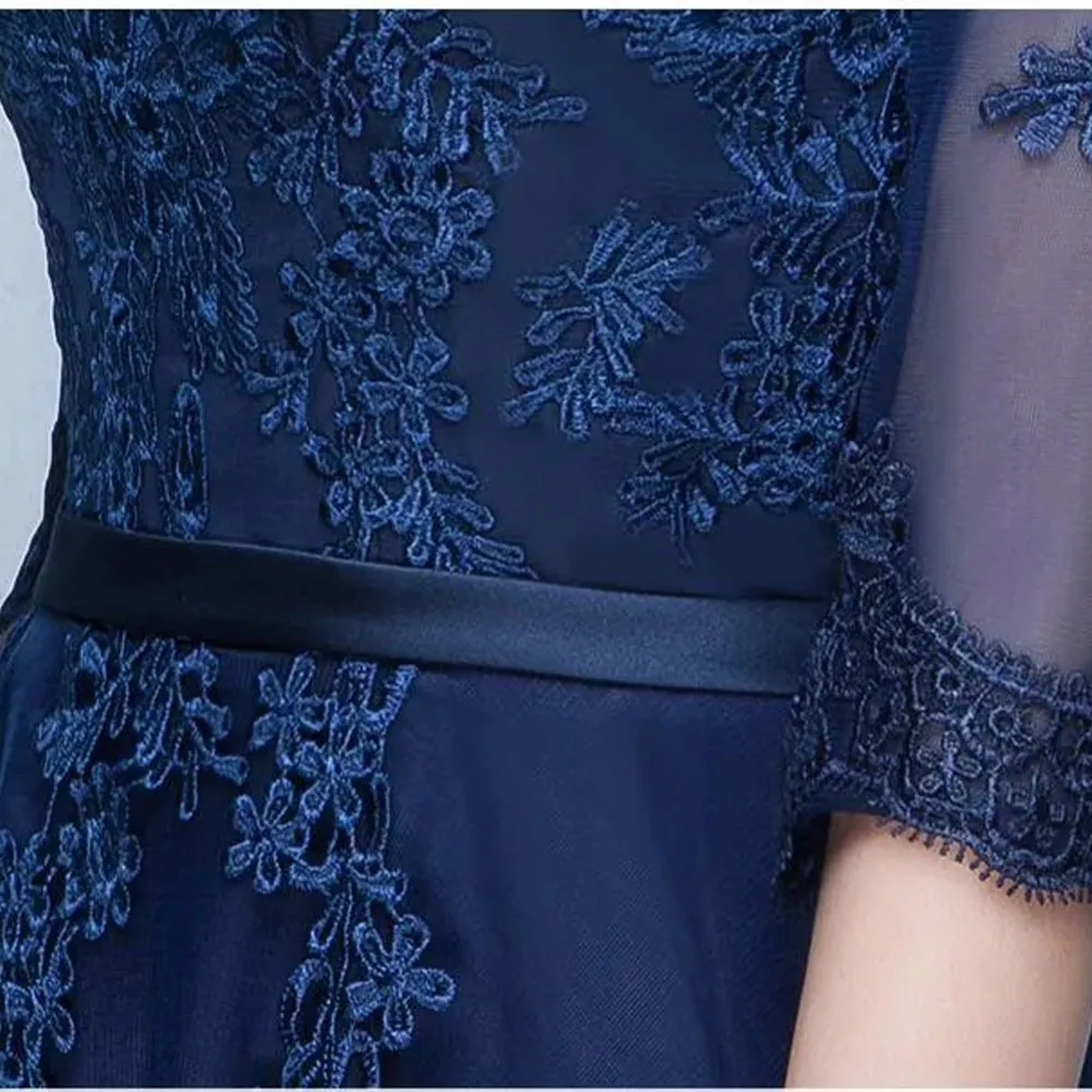 Robe de soirée mère de la mariée bleu marine, élégante, demi-manches transparentes avec appliques à lacets au dos, longueur au sol, bleu royal