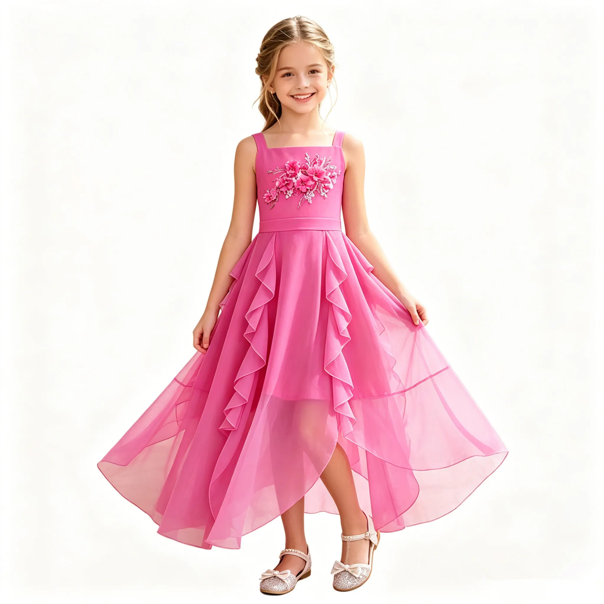 Children Girls Bohemia Style Party Dress Birthday Wedding Summer Holiday Costume Embroidery Applique Ruffled Flowy Chiffon Gown