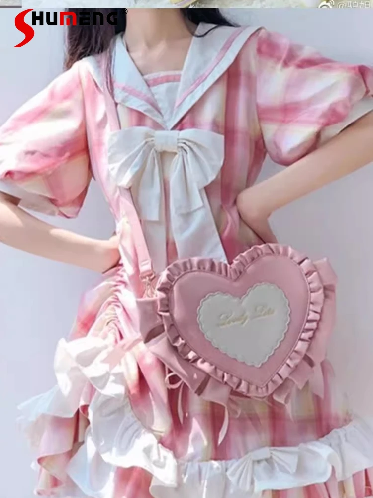 Original Japanese Style Subculture Sweet Soft Girl PU Heart Casual HandBag Ruffles Bow Elegant Lolita Backpack Women Kawaii Bags