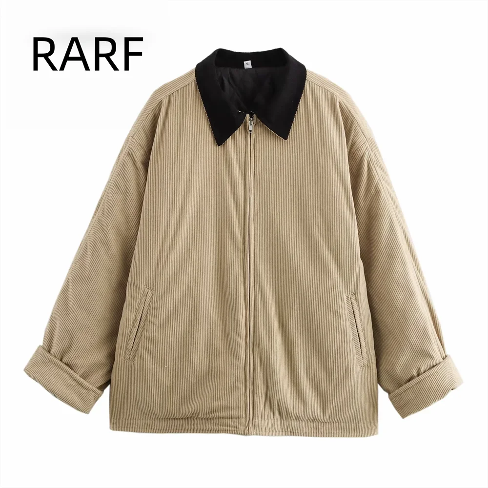 

2024 autumn new loose casual commuting retro contrasting color patchwork lapel corduroy cotton jacket