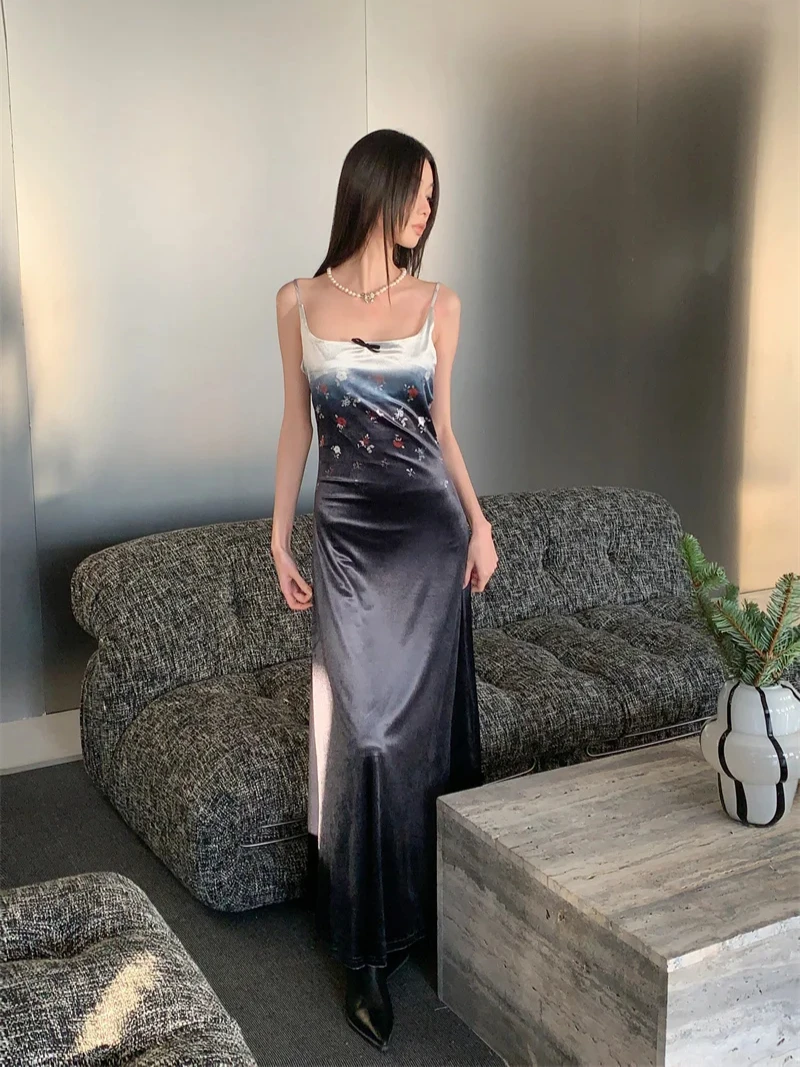 CHEERART Velvet Autumn Long Slip Dresses 2024 Women Fashion Backless Floral Tunics A Line Maxi Dress Fall Ladies Clothes