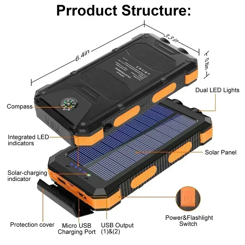 Miniso New 200000mAh Solar Power Bank Outdoor Portable Charger Powerbank Waterproof External Battery Charging with LED Light