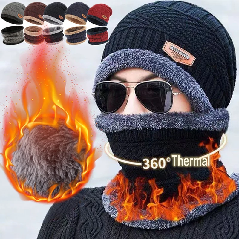 2023 Winter Men Women Thick Beanie Hat Set Knitted Hat Winter Cap Beanie Female Wool Neck Scarf Cap Balaclava Mask Bonnet Hats