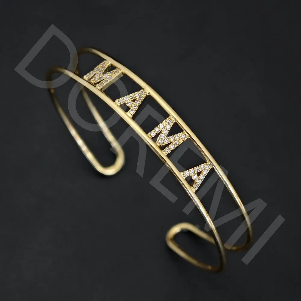 DOREMI Narrower Double Zircon Name Bangle Heart Charms Women Bangle Women Custom Exquisite 6mm Crystal Zircon Name Cuff Bangle