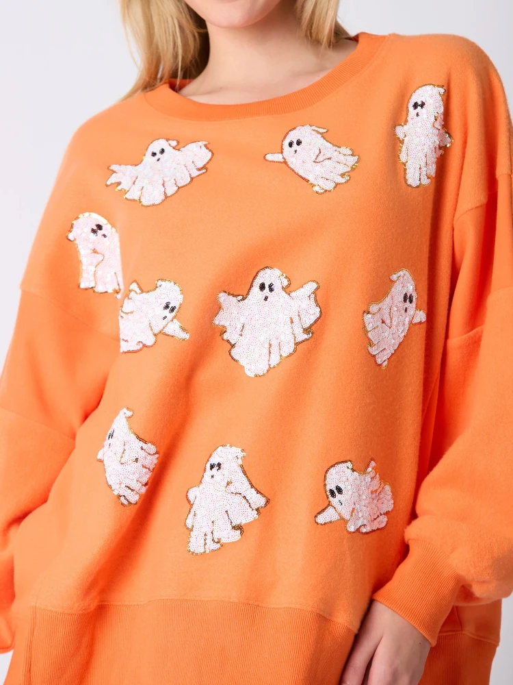New Autumn Winter Women Halloween Ghost Print Top Round Neck Loose Casual Sweatshirt Party Women's Clothing