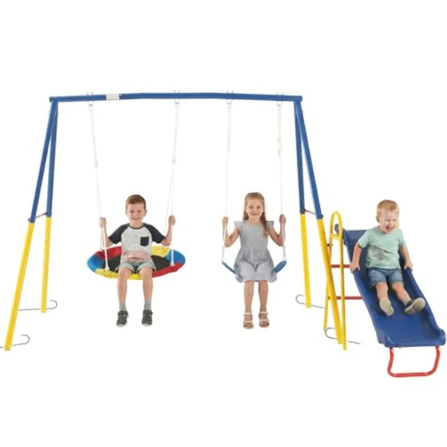 

Backyard swing set for toddlers ages 3-8: heavy-duty steel, gray-green, 3-in-1 with slide and saucer swing