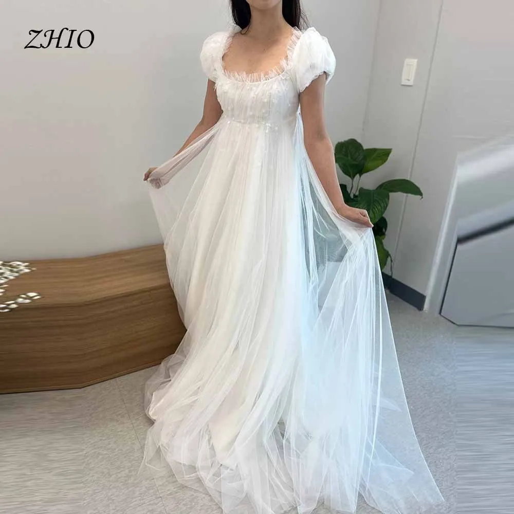 

ZHIO Vintage Pleat Tulle Wedding Dress Square Neck Puff Sleeves Floor Length Korean Custom Bridal Gown Lace Applique Photoshoot