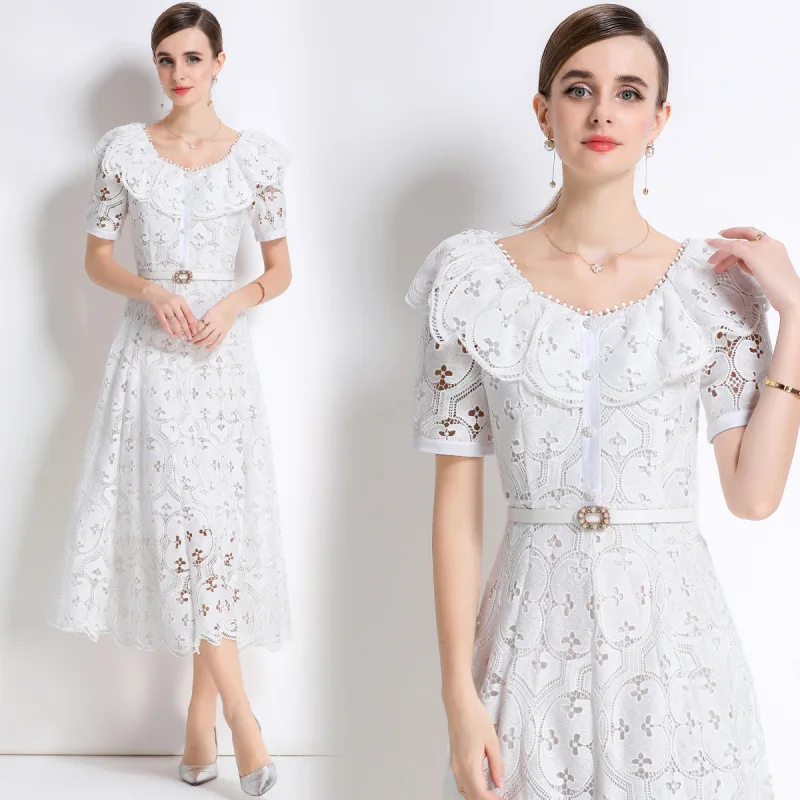 Vaion Lace Dr. Hollow out Stickerei Gored Ne Light Maturi Sle High Waist Street Faion Summer Thi ort Sve