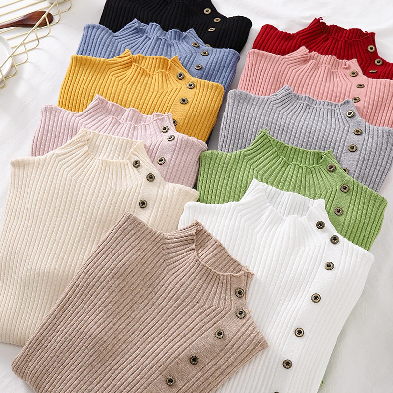 

2025 Autumn Knitted Top Slim Women Pullovers Sweaters Fall Solid Soft Button Long Sleeve Turtleneck Knitwear