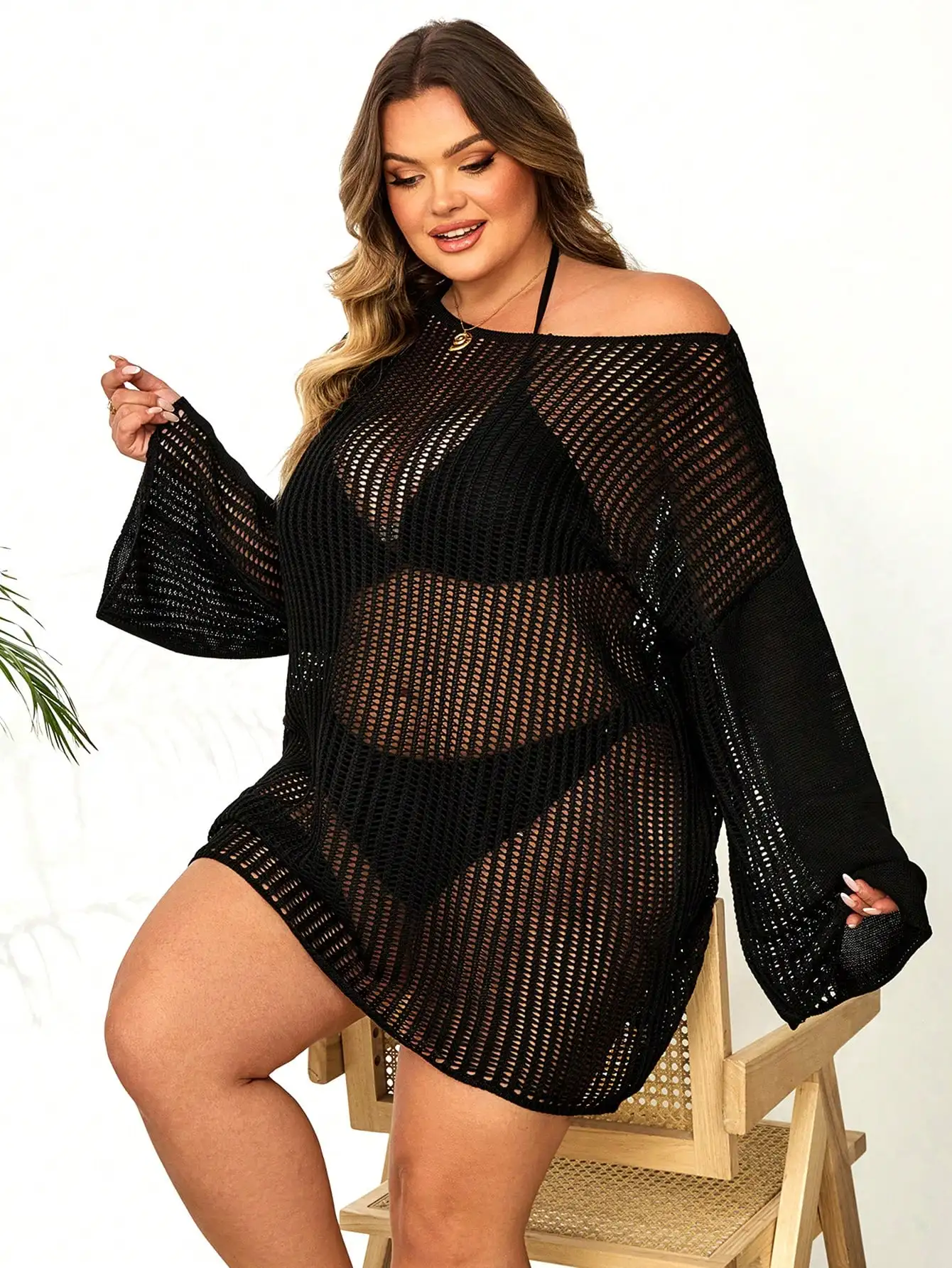 

Plus Size Boho Knit Sheer Cover-Up For Summer Beach Vacations, Off-Shoulder Long Sleeve Transparent Top