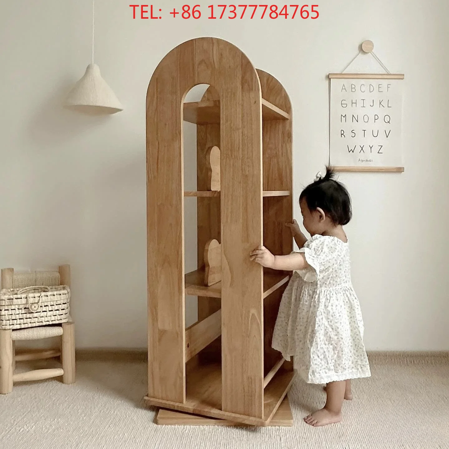 Solid Wood Rotating Bookshelf Floor Standing Storage Cinet Simple Children's Bookcase for Home Bedroom Living Room