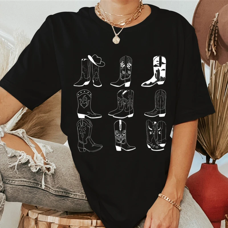 Cowgirl Boots T Shirt women Summer Western Graphic tshirt cotton short sleeve shirt Country Concert women Vintage style T-shirt