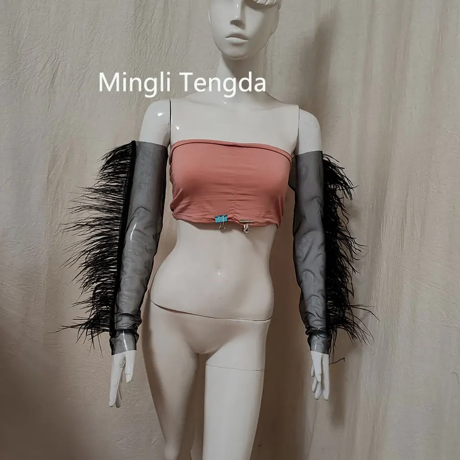 

Mingli Tengda Black Bridal Gloves Wedding Accessories Encrypt Ostrich Feathers Long Sleeves Fashionable Arm Covering Sleeves