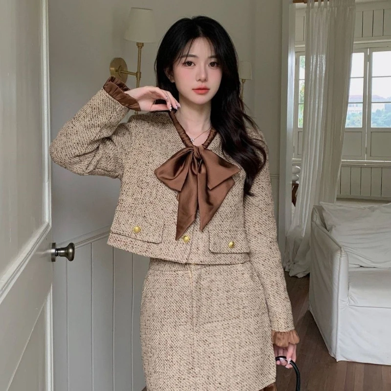 Autumn New Elegant Rich Two-piece Set High Quality Style Chunky Tweed Bow Short Jacket Fashion Spliciing Short Skirt
