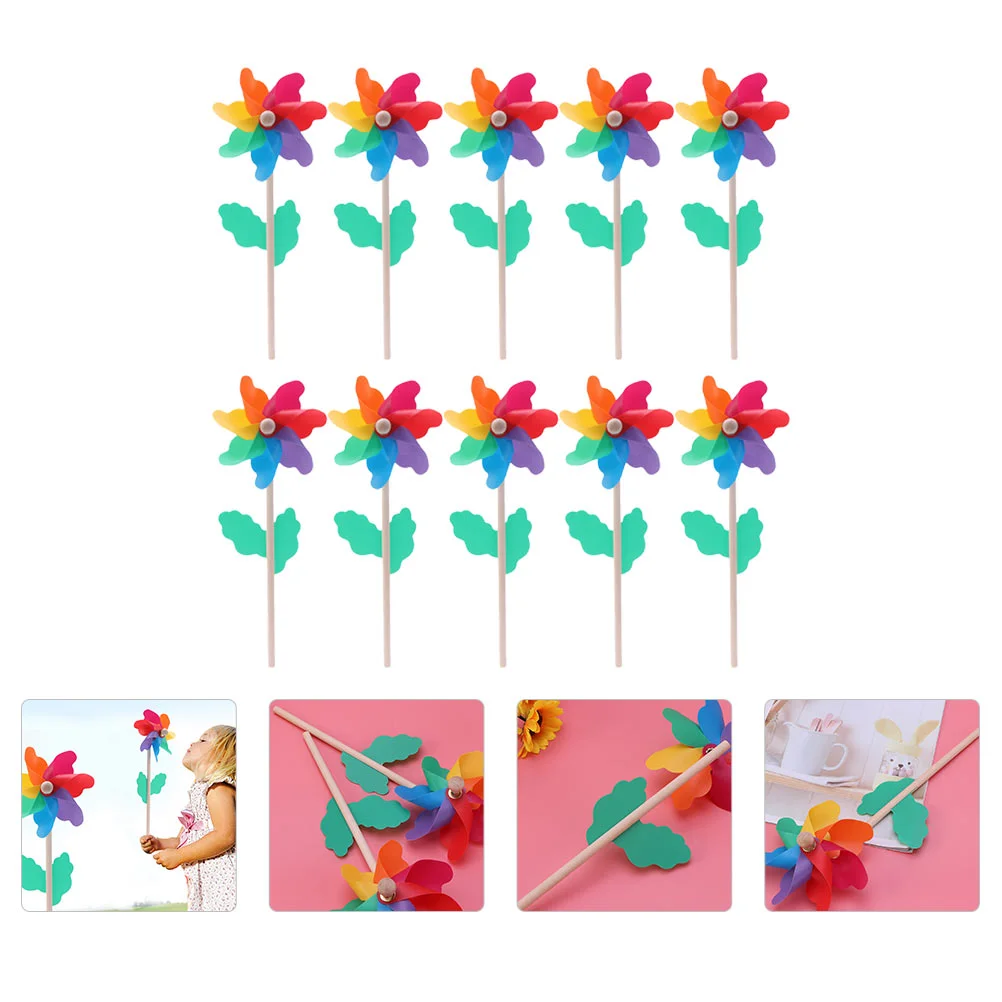 14 Pcs Miniature Toys Fan Colorful Wooden Pole Windmill Kids Pinwheels Decoration Outdoor Spinners Gift Child