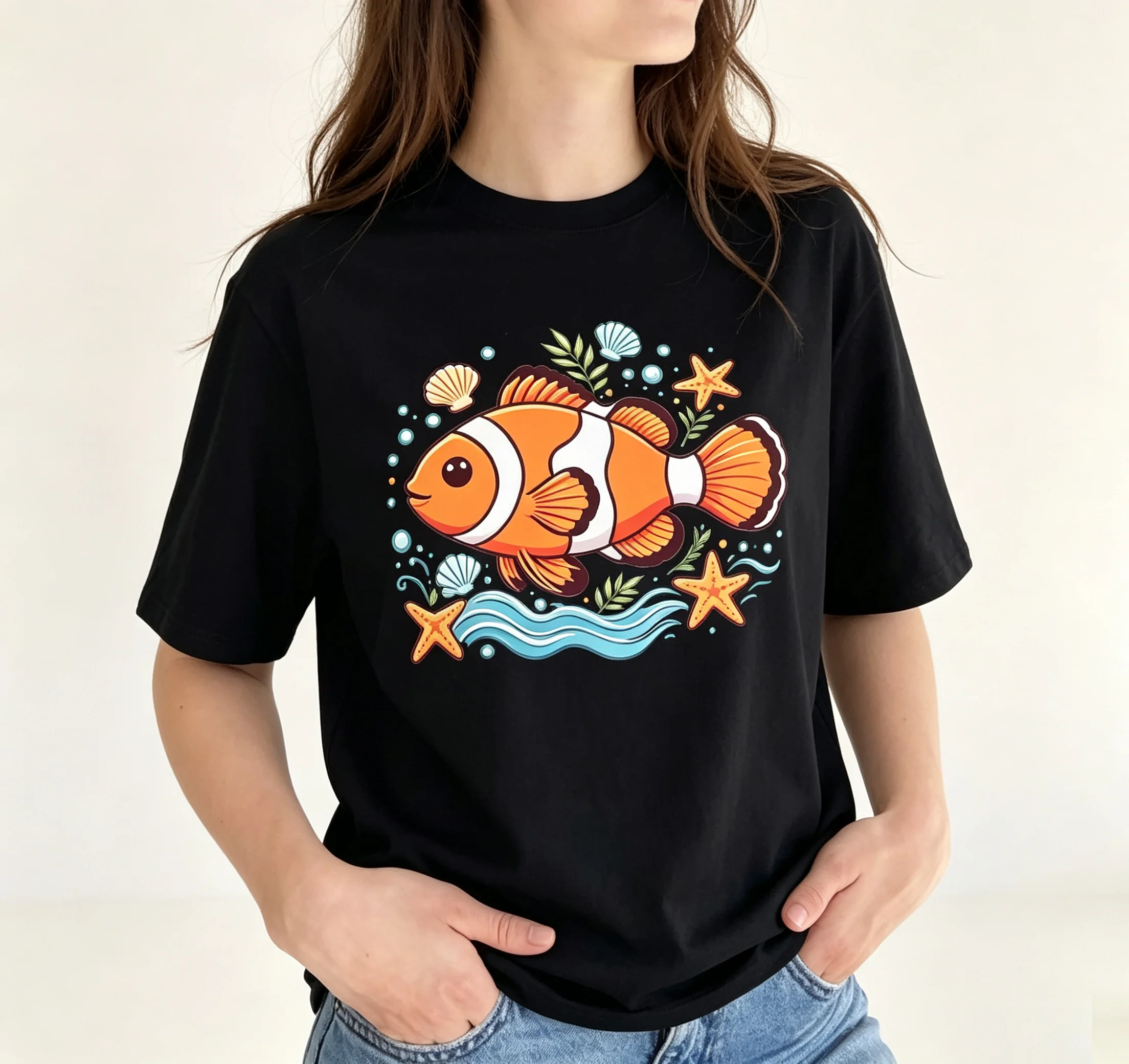 Cute Cartoon Clownfish With Seashell Starfish Graphic T‑Shirt, Colorful Ocean Marine Art Women Casual Short Sleeve Tee