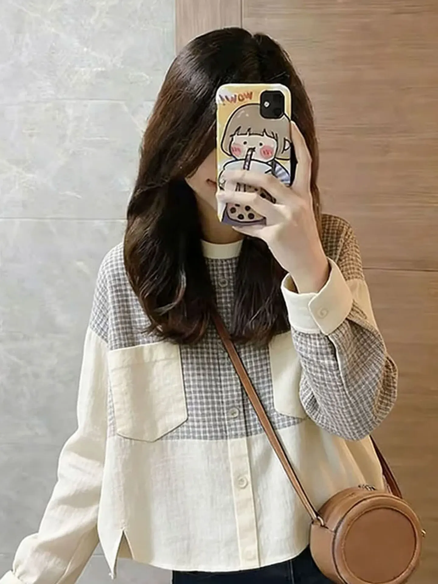 Elegant Plaid Long Sleeve Shirt round Neck Single Button Loose Slimming Top Fashionable Korean Style Straight Cut Silk Women'...