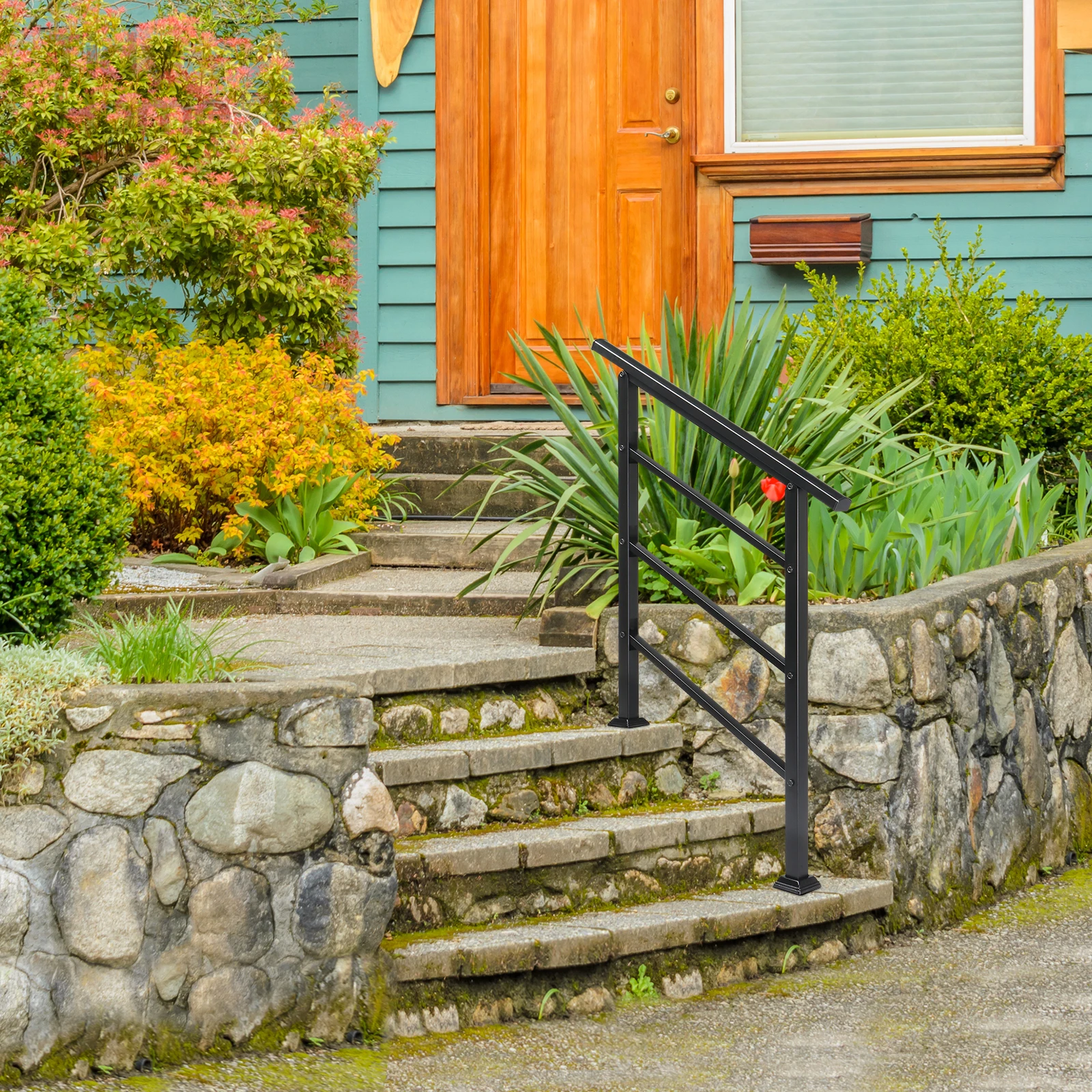 Handrails for Outdoor Steps, Wrought Iron Handrail Fits 1 or 3 Steps, Transitional Handrail with Installation Kit, Black