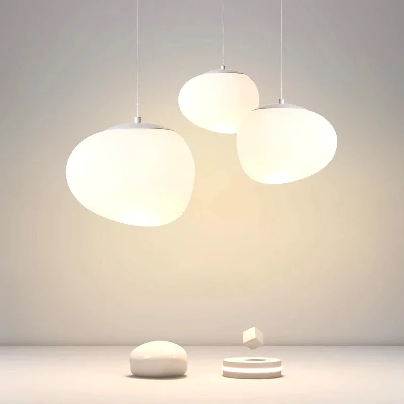 

Modern White Cobblestone Acrylic LED Ceiling Pendant Lights Creative Living Room Restaurant Kitchen Island Bedroom Hanging Lamps
