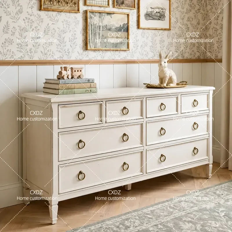 Retro Solid Wood Chest Cabinet Drawer Storage Locker for Living Room Bedroom Wall Mounted Organizer Furniture