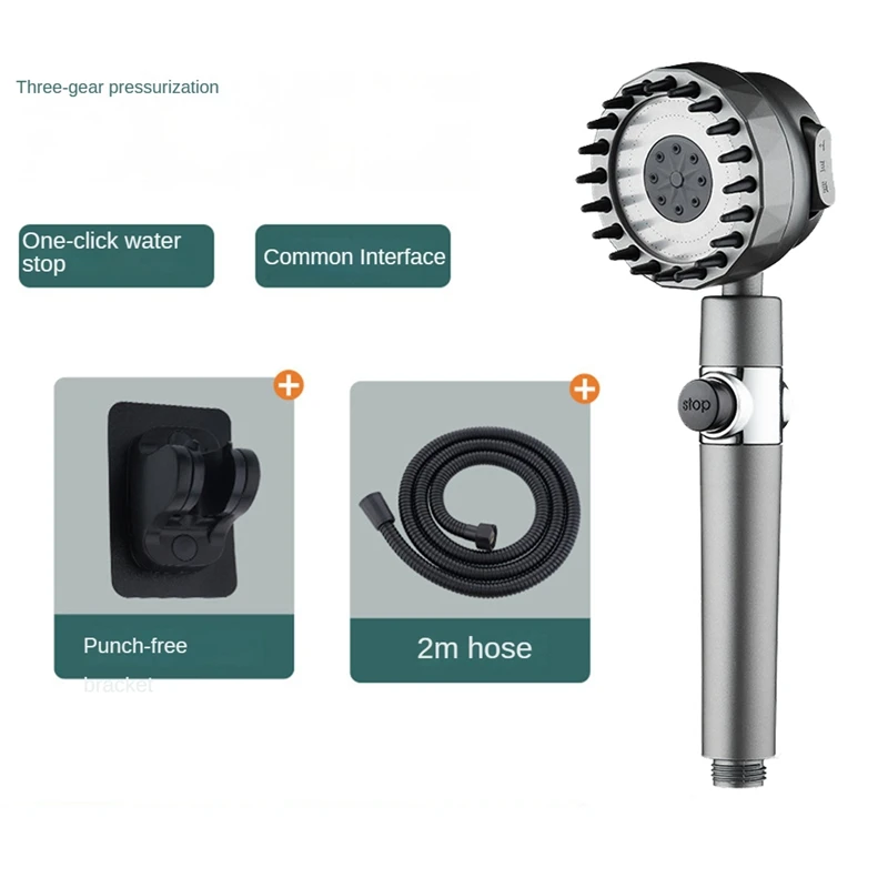 Pommeau de douche haute pression avec tuyau de 2 m et support rapide, pommeau de douche cascade, arrêt d'économie d'eau à 49.5%, noir, 3 modes