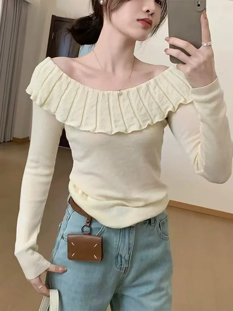 

Нежный вязаный свитер с одним открытым плечом и воротником-стойкой, женский модный трикотаж для ранней весны, новый стиль, с цветочным узором, для прогулок по городу