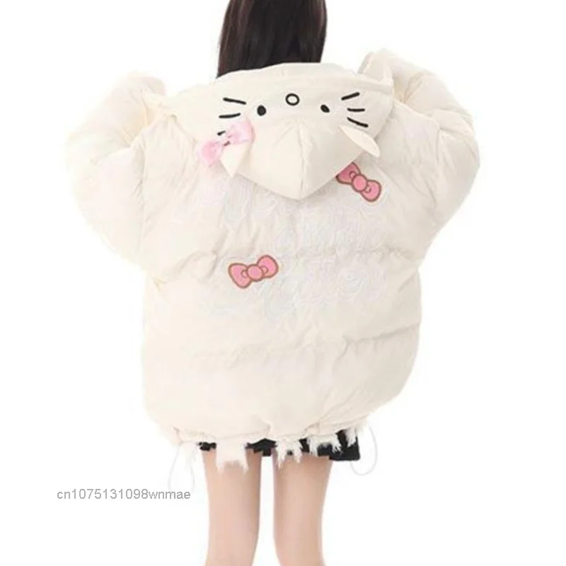 SANRIO-Hooded Down Coat for Women, Pink Zipper, Cotton-padded Jacket, Loose Warm Sports Clothes, Cute and Sweet, Winter