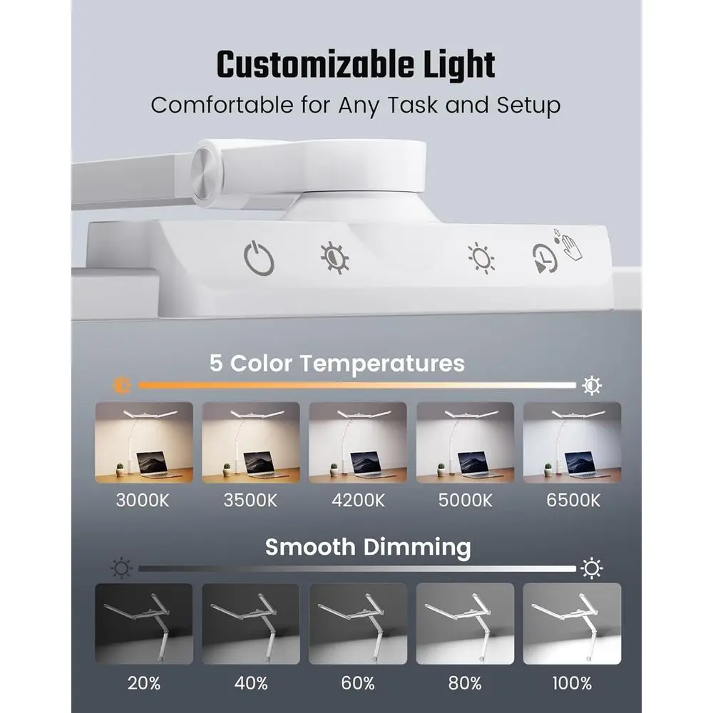 LED-klem bureaulamp met 6 stopcontacten, USB en Type-C, instelbare helderheid, 5 kleurmodi voor gebruik in thuiskantoor