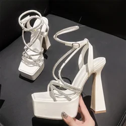 Eilyken Sexy Crystal Narrow Band Square Toe Women's Sandals Fashion Design Platform Chunky High Heels Banquet Party Pumps Shoes